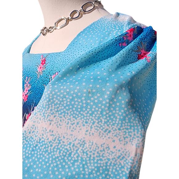 Vtg 60s Handmade Mod Hawaiian Style High Waist Blue Pink Flower Maxi Retro Dress - Picture 7 of 9